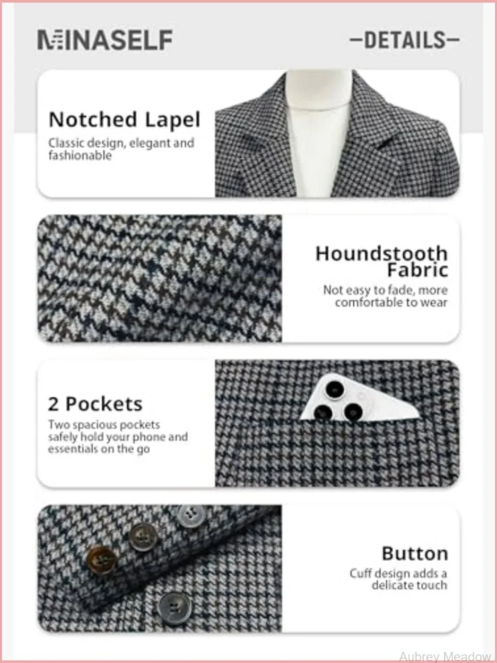 Womens Tweed Houndstooth Blazer Fully Lined Work Casual Office Jacket Suit